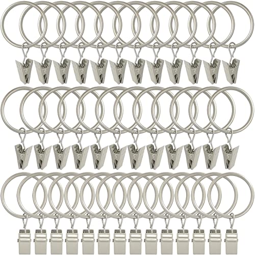 Image of WeeksEight 40 Pack Matte Silver Curtain Rings with Clips, Curtain Hooks Hangers Clip Rings for Hanging Drapes Bows Hat, Drapery Rings 1.26 in I D, Fits up to 1 in Diameter Curtain Rod.