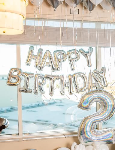 Image of Happy Birthday Balloon Banner, 16 Inch Silver Happy Birthday Foil Balloons, Silver Hbd Balloons Letter Mylar Balloon, Birthday Sign Party Decorations for Women Men Boys Girls