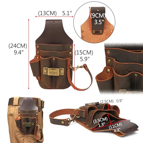 TOURBON Leather Tool Organiser Pouch Work Tool Holder Waist Belt Bag for Builder Carpenter Electrician, Brown, 14*7*24cm - Image 3