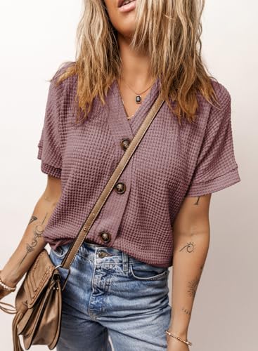 Image of Dokotoo Womens Summer Tops 2026 Waffle Knit Button Down Shirts Casual V Neck Short Sleeve Shacket Jacket Dressy Blouses