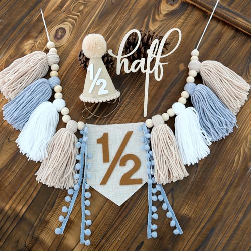 Ereniko 1/2 Birthday Boy Decorations Half Way to One Baby Boy Decorations 6 Months Birthday Cone Hat Blue 1/2 Pastel High Chair Banner Cake Topper Happy Half Year Party Photoshoot Props
