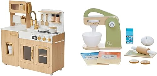 Teamson Kids Juego de cocina de madera de Chipre con 10 piezas - Cocina de simulación con fregadero, máquina de hielo, almacenamiento y accesorios -