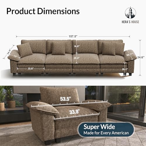 Image of HERA'S HOUSE 158 inch Oversized Modular Sectional Straight Sofa,Chenille Taupe | 4-Seater Living Room Couches, Wider Armrest and Deep Seat, Comfy Cloud Couch with Ottoman, Grayish Brown