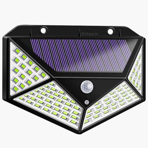 BRITSPEAR 600Lm Solar Lights Outdoor 100 LED Solar Security Light with Waterproof Wall Light Solar Powered and 3 Modes for Outdoor 1200mAh (Black)