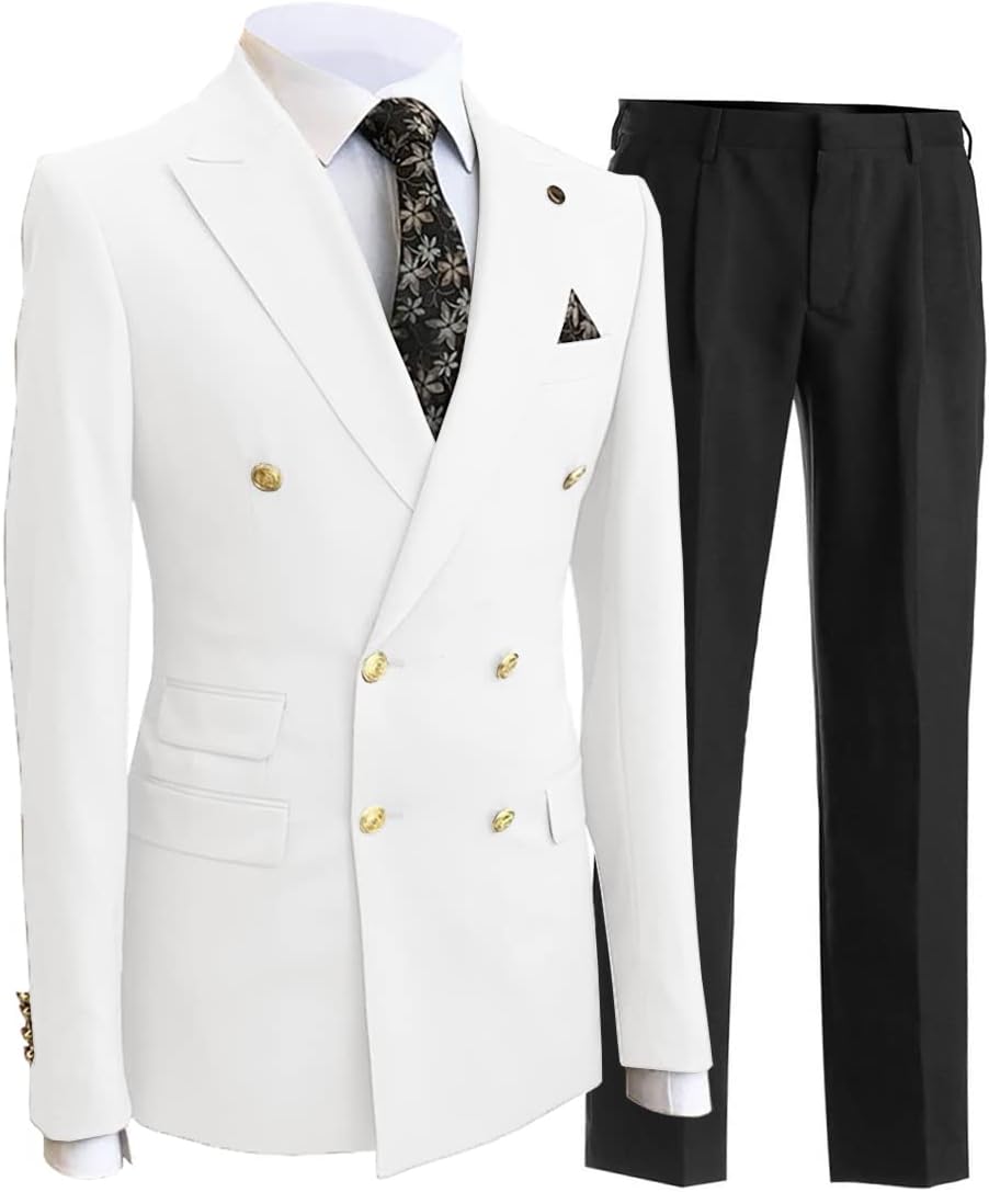 Men's Suits Slim Fit 2 Piece Double Breasted Business Blazer+Pants Set Prom Tuxedos Jacket for Wedding Grooms
