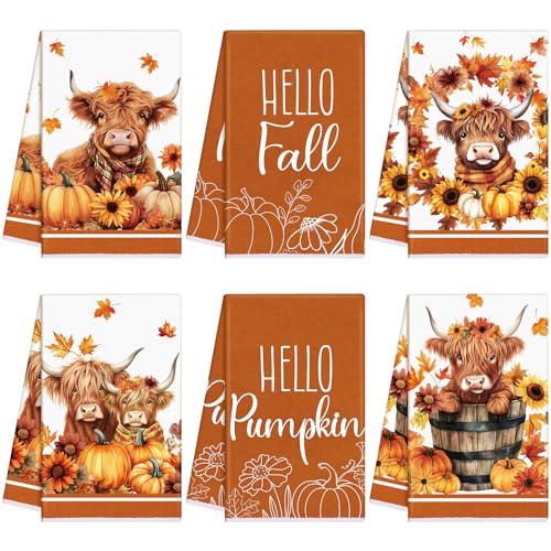 Preboun 6 Packs Fall Kitchen Towels Highland Cow Maple Leaf Dish Towel Autumn Pumpkin Hand Drying Tea Towel Hello Fall Decorative Towels 24 x 16 Inches for Thanksgiving Cooking Baking Party Supplies