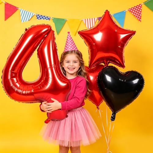Image of TONIFUL 4th Birthday Balloons Kit 40 Inch Red Large Number 4 Foil Balloon | with 18Inch Helium Mylar Heart Star Balloons for Kids Women Men Birthday Anniversary Graduation New Year Eve Party Decoration