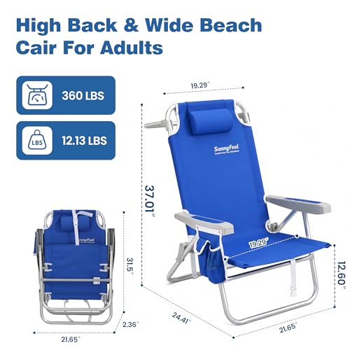 SUNNYFEEL 12.6 High Seat Beach Chair for Adults, High Back 5-Position Lay Flat Reclining Beach Chair with Detachable Cooler Bag, Folding Beach Chair with Cup Holder, Heavy Duty 360 LBS