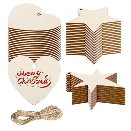 ZMDMAH 50 Cuori in Legno Con Corda di Iuta, 8 cm, per Scrivere e Decorazioni Fai Da Te, Natalizie, Libro Degli Ospiti