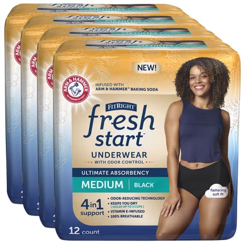 Image of FitRight Fresh Start Incontinence and Postpartum Underwear for Women, Medium, Black (48 Count) Ultimate Absorbency, Disposable Underwear with The Odor-Control Power of ARM & HAMMER