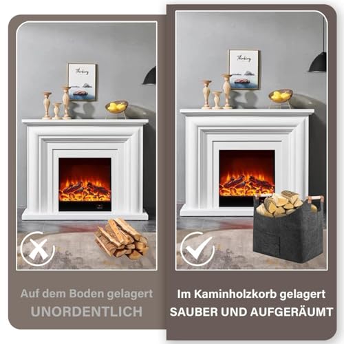 Filz Holzkorb - 55x40x32cm grauer Lagerraum, Kamin, tragbarer Griff Protokollhalter | Schwere Holzkiste für Winterlagerung, Wohnzimmer auf Kamintransport