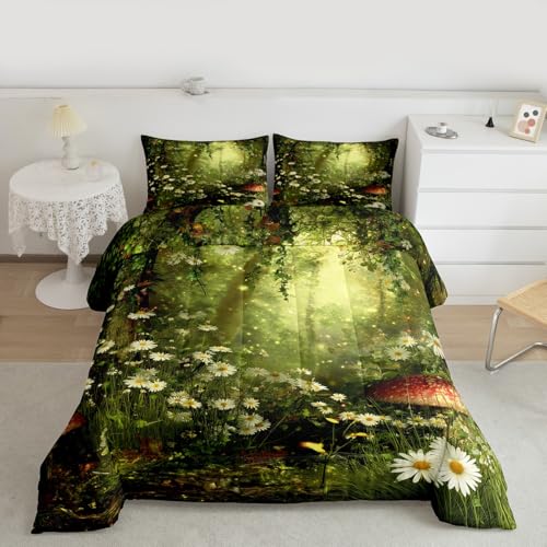 Erosebridal Magical Comforter Set Queen Size Mushroom Bedding Set Daisy Leaves Branches Sunset Nature Duvet Set Cute Style Quilted Duvet Home Room Decorative