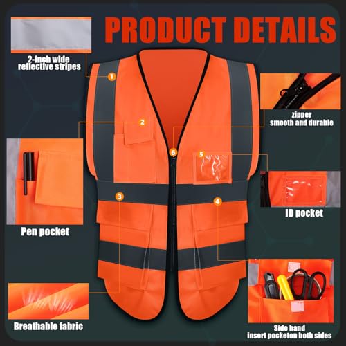 Image of JaGely 15 Pack Safety Vests with Pockets Zipper,Large,Orange Red