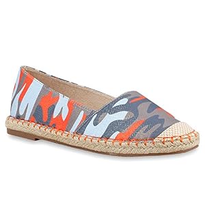 stiefelparadies stiefelparadies Damen Schuhe Freizeit Slipper Espadrilles Blumen Bunte Flats Stoff Bast 68710 Rot Camouflage Bast 39 Flandell