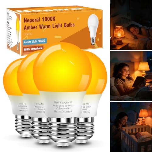 Neporal Amber Sleep Light Bulbs 1800K 4PK 6W 40 Watt Equivalent 99.96% Blue Blocking Soft Warm Light Bulbs A15 Amber Night Light E26 for Bedroom and Baby Nursery Light