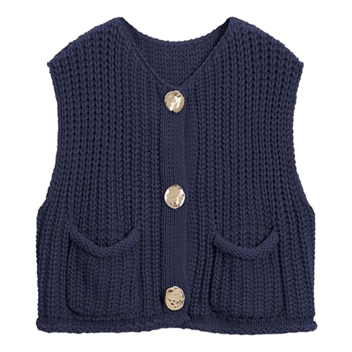 Image of Hixiaohe Womens Crochet Chunky Knit Top Sleeveless Button Down Crop Tops Trendy Cardigan Sweater Vest for Women with Pockets