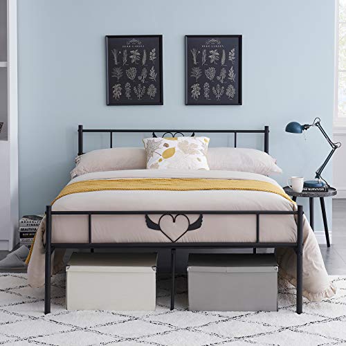 Symylife Lit Double en métal à Motif Ange Cadre de lit Double avec Lattes Solides et Structure en métal 140x190cm, Noir