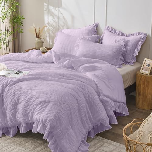 JOLLYVOGUE Lavender Comforter Full Size, 3 Pieces Seersucker Lightweight Full Size Bedding, All Season Fluffy Microfiber Bedding Comforter Set with 1 Ruffle Comforter and 2 Ruffle Pillowshams