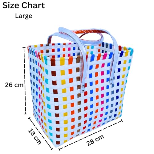 Image of Hand Made Multipurpose Plastic Basket with Lid | Eco-Friendly, Washable, Rust-Free Storage Basket for Kitchen, Picnic, Toys, Travel, Office | Lightweight basket (White with Orange, L)