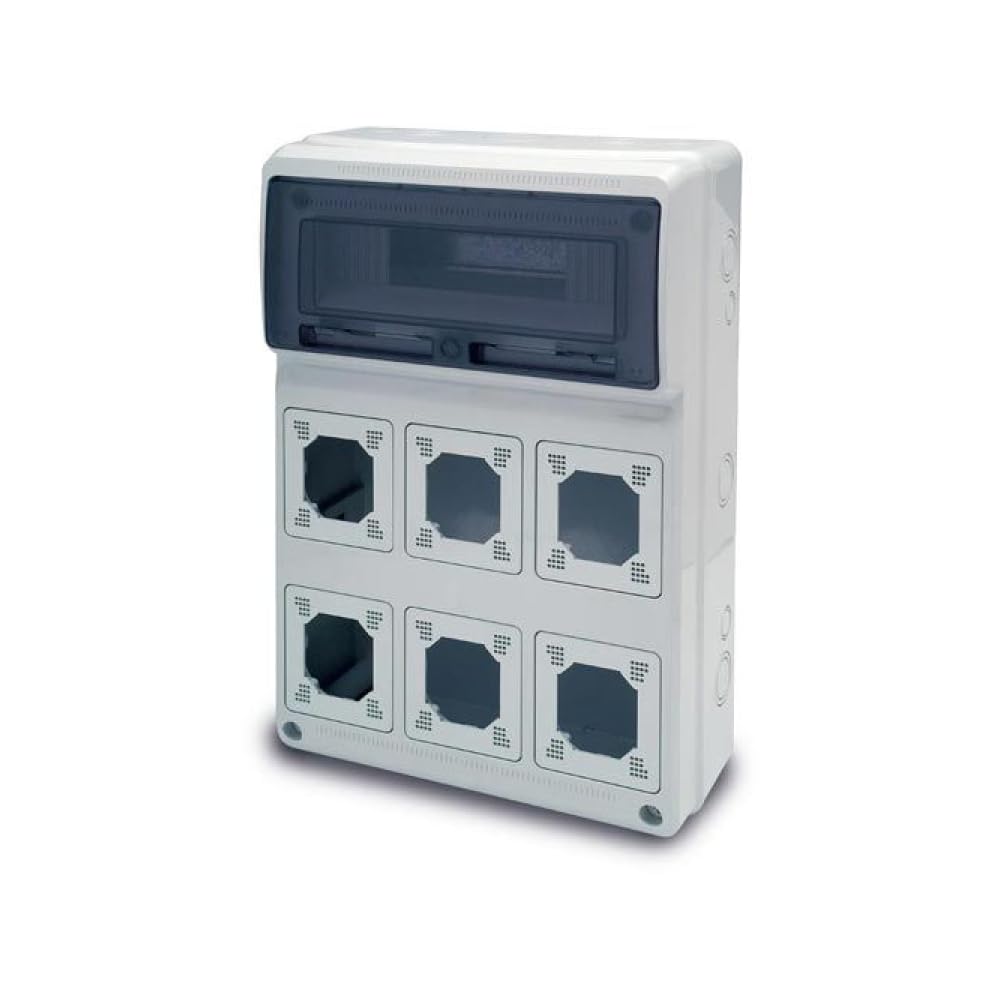 Pusty pojemnik z kołnierzem IP65 - 506 x 330 x 150 mm 16 modułów DIN 6 gniazd - uniwersalny kołnierz wpuszczany - regulowany pręt DIN - odporny na ciepło ABS - przemysł budowlany na zewnątrz