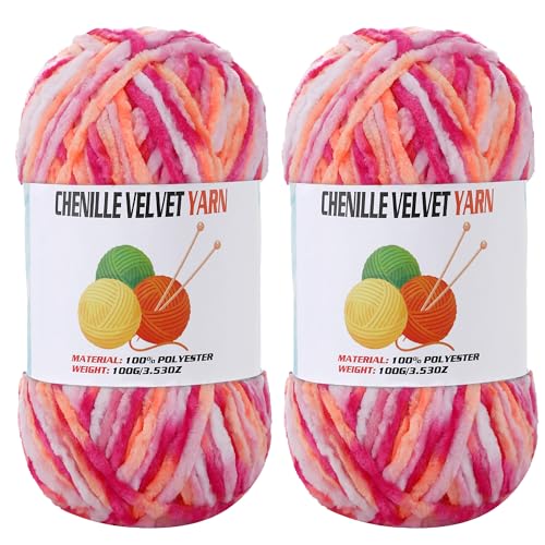 Image of 2 * 100g Velvet Chenille Chunky Yarn, Handcrafts Weaving Soft Chenille Yarn for Crocheting Clearance, Used for Making Baby Yarn Blanket, Clothes, Knitting Creations (Colorful - G)