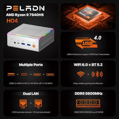 Image of PELADN Mini PC, AMD Ryzen 9 7940HS (8C /16T, Up to 5.1GHz) Radeon 780M 16GB DDR5 RAM /1TB NVMe SSD, 4K HD, BT5.2, USB4.0 /Typc-C /DP /HD, WiFi6 2.4G /5G, Desktop PC RGB Light Mini Computers, 3-Year Warranty