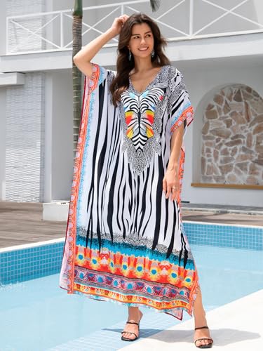 Image of KECVOT Kaftan Dresses for Women V-Neck Print Swimsuit Cover Up Plus Size Beach Caftan Lounge Dress