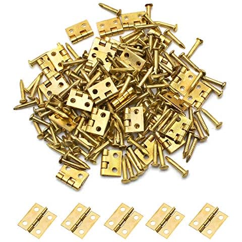 YunBey 60 Pcs Mini Brass Hinges Miniature Furniture Cabinet Closet Mini Hinges DIY Mini Assembly Brass Mini Door Hardware with 240pcs Hinge Nails Cover