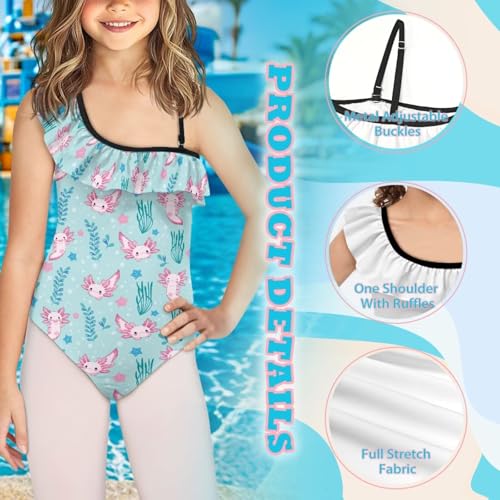 Girls' Ruffle 1 Shoulder Swimsuit One Piece U Back Bathing Suit Summer Beach Wear Sizes for 3-14 Year Olds3