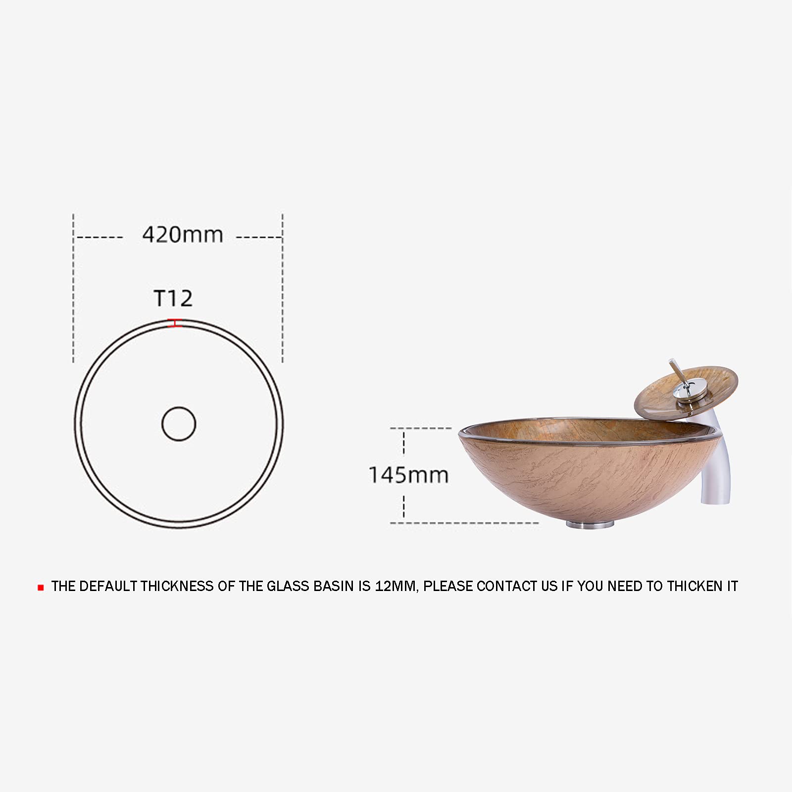 Lavabo de baño Lavabo de Recipiente de Vidrio Templado Lavabo Redondo Lavabo de encimera Lavabo de encimera Lavabo de Arte con Grifo de Cascada, desagüe emergente