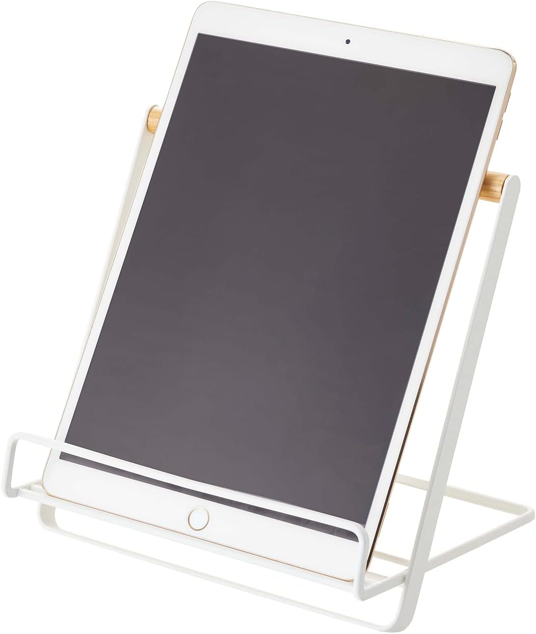 YAMAZAKI Tablet Home Cookbook Stand-Kitchen Cooking Recipe Holder for Counter | Steel + Wood | Remote Control & Tablet Organizer, One Size, White