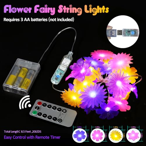 Flower Lights Cute Fairy String Lights Floral Room Decor Night Lights USB Plug in or Battery Power String Lights Indoor Remote Control 8.5ft 20LED by JASHIKA - Used condition - Image 2