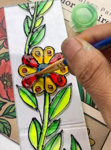 Image of The Crafthives Floral Glass Painting Kit | DIY Flower Stained Glass Art Set with Acrylic Frames, Colours, Brushes & Outliner | Creative Glass Painting Craft Kit for Kids Beginners Adults