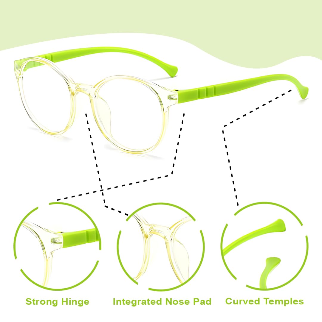 SYGA Children's Anti-Blue Light Glasses Lightweight Round Flat Glasses Frames For 4-12 Years old Kids (Transparent green frame green legs) - Image 3 thumbnail