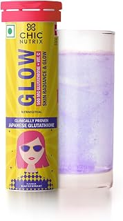 Chicnutrix Glow Glutathione Effervescent Tablets with Vitamin C |Japanese Glutathione 500mg For Radiant, Even-Toned and Glowing Skin | Sugar-Free| Blackcurrant Flavor | 10 Effervescent Tablets