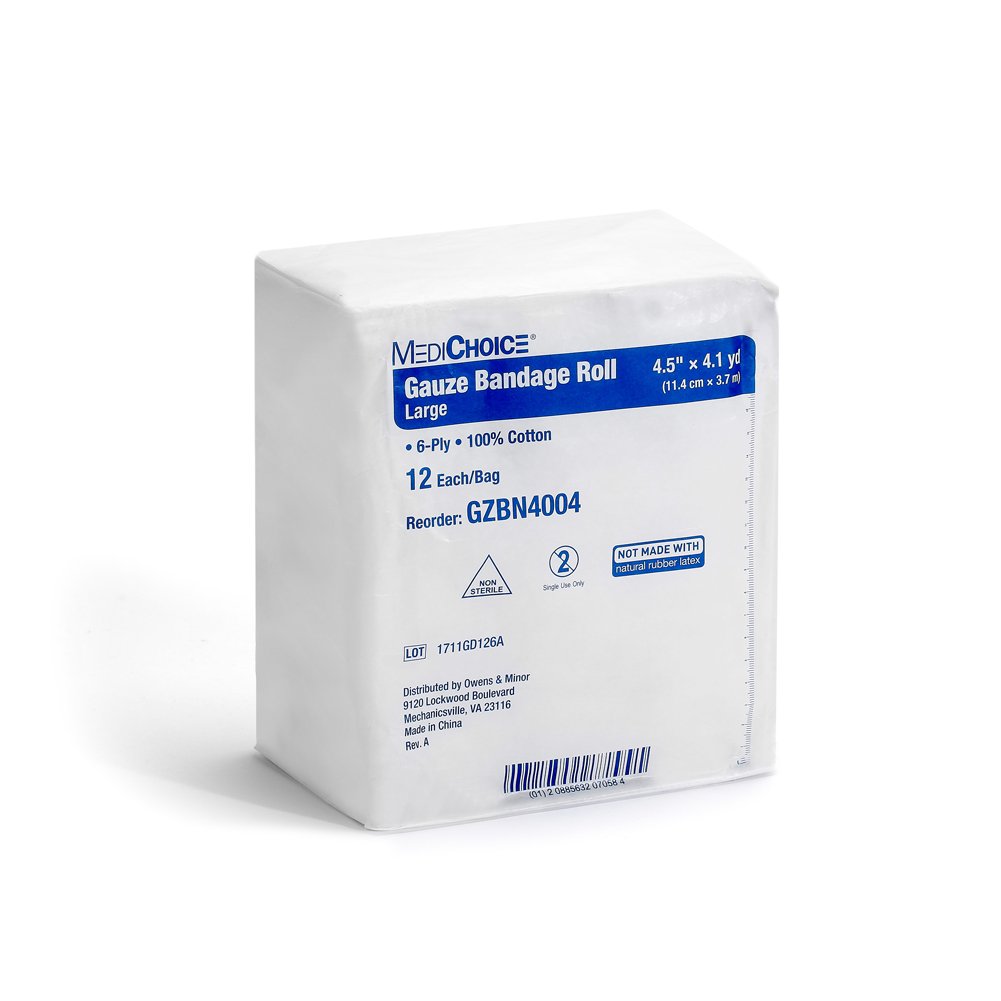 MediChoice Gauze Roll Bandage, 6-Ply, Non-Sterile, Hypoallergenic, 4.5 Inch x 4.1 Yards, White, 1314GZBN4004 (Case of 48)