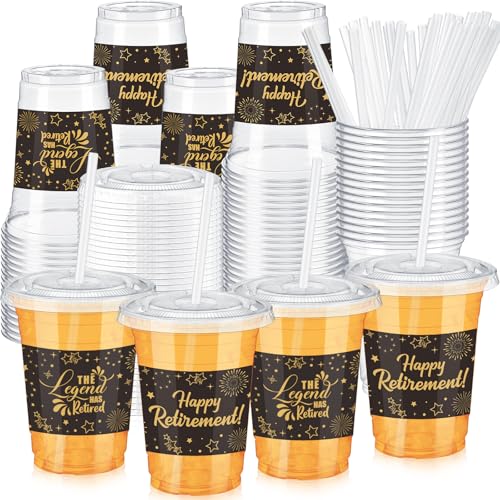 Vesici 50 Sets Happy Retirement Disposable Plastic Cups with Lids and Straws 12 oz Black Gold Retirement Clear Drinking Cups for Party Supplies Decorations Coworker Farewell Going Away