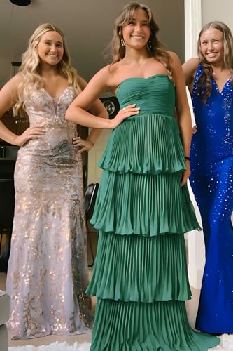 Image of Modest Strapless Tiered Prom Dress for Teens 2026 Elegant Ruffle Chiffon Flowy Puffy Long Evening Dresses