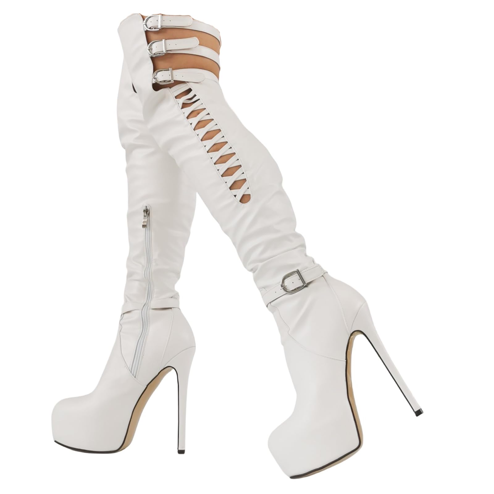 Sexy Strappy Platform Stiletto Over-The-Knee Boots Cross Straps See-Through Boots Round Toe High Heel Side Zipper Shoes Clubwear