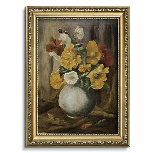 AIMAILON Vintage Canvas Gold Wall Art Framed Decor for Living Room Bedroom Colorful Pansy Retro Print Artwork Home Decoration Classical Flower Inserted Vase Picture Decor 8x10