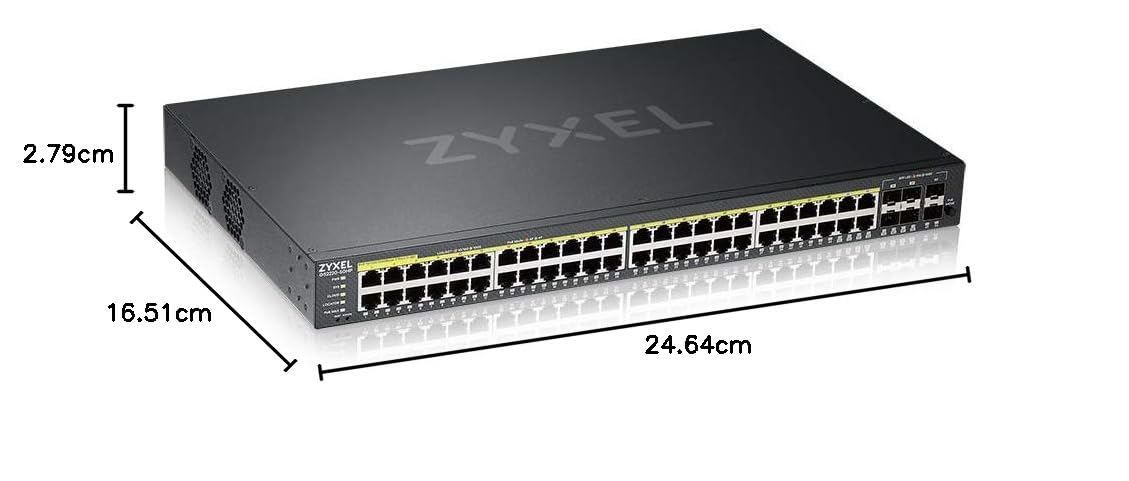 Zyxel Netzwerk Switch 48 Port | L2+ Managed GbE PoE+ | GS2220-50HP | 44x PoE mit 375W Budget + 4x RJ-45/SFP Combo PoE + 2x SFP, Lüfterlos, NebulaFlex, L2 Multicast, MVR, VLAN