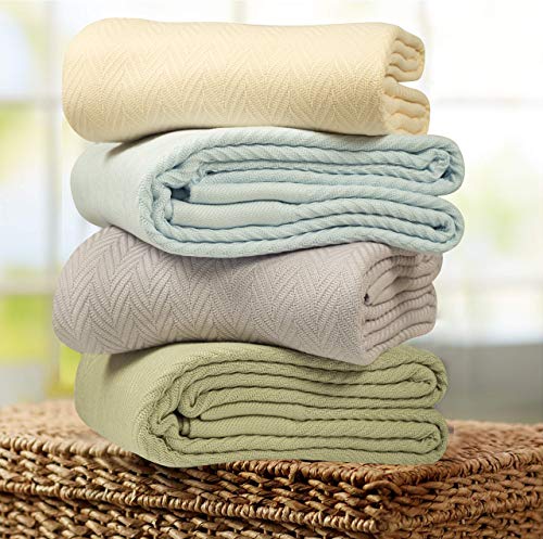 Threadmill Luxury Cotton Blankets For King Size Bed | All-Season Cozy 100% Cotton King Size Blanket | Herringbone Soft & Lightweight Fall Thermal Blanket Fits California King Size Bed | Sage Green #TOP1