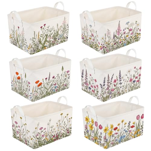 CHENGU 6 Pack Flower Storage Bins Collapsible Wildflower Baskets with Handles Large Multicolored Flower Basket Farmhouse Foldable Organizers Rustic Summer Home Decor for Spring Bedroom Office Home