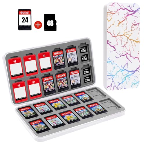Image of FYY Nintendo Switch Game Case Holder for Switch 2 Cartridge Case with 24 Game Card Slots & 48 Micro SD Card Slots, Hard Shell, Silicone Lining Lightning White
