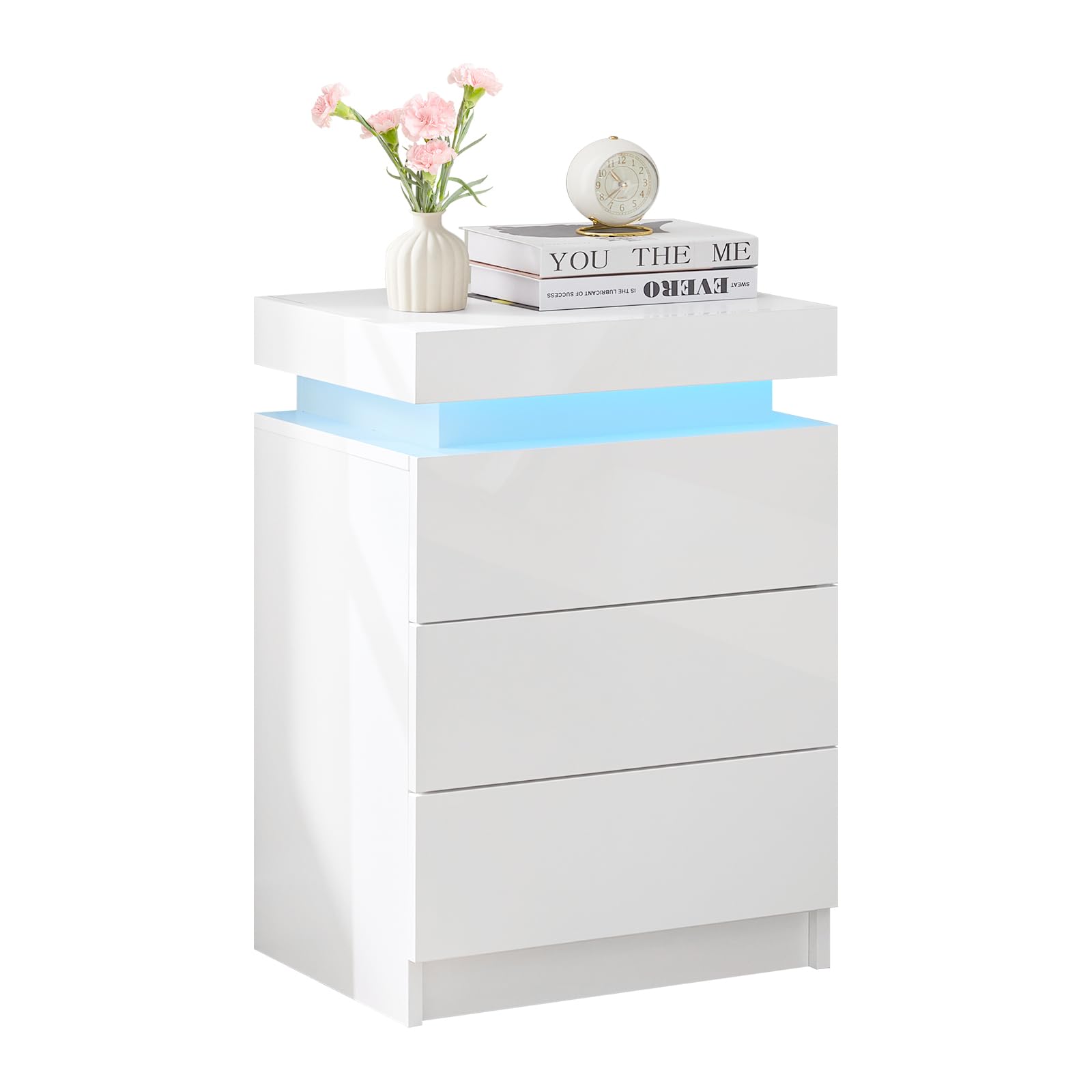 TUKAILAI Nachttisch mit LED Beleuchtung Hochglanz Weiß Nachttisch Nachtkommode mit 3 Schubladen und oberer Aufbewahrung, Modern Nachtschrank Tisch für Schlafzimmer, Wohnzimmer, 45x35x67.5 cm
