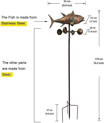 Miniatura 5 de Molinillo de viento de atún de metal para exteriores, 70 x 21 pulgadas, escultura de viento de pez azul de metal grande, arte de patio, estatuas