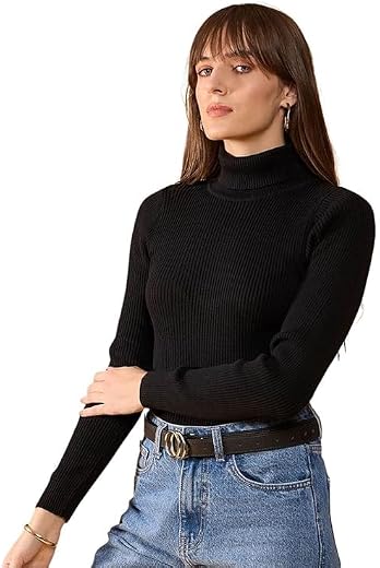 Black & White Womens Premium Woolen High-Neck Top Soft, Sleek, Warm, & Stretchable Winter Wear for Casual and Office