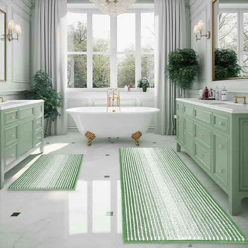 Bathroom Rugs and Mats Sets, 2 Piece Thick Absorbent Chenille Bath Mat Rug Set Non Slip, Soft Shaggy Bath Room Floor Mats for Bathroom, Machine Washable (Light Green, 24" x 70" Plus 20" x 32")