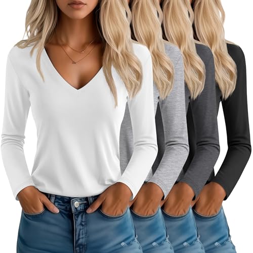 Neer 4 Pack Women's T-Shirts V Neck Long Sleeve Casual Tops Loose Fit Fall Basic Layering Shirts Straight Hem Plain Soft Tees