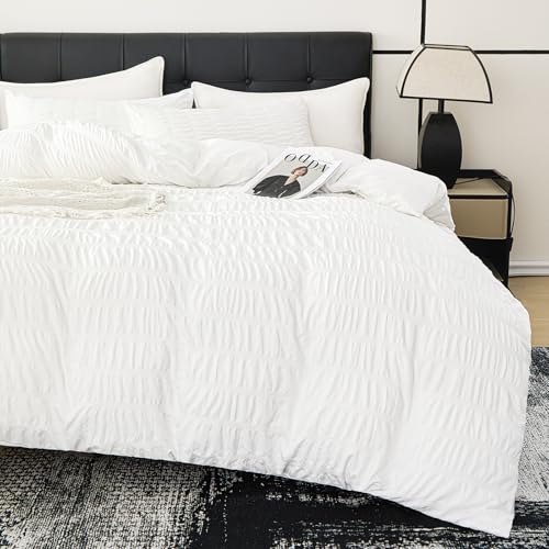 DCSKY White Duvet Cover Queen Size, Ultra Soft 3-Piece Boho Seersucker Duvet Cover Set with Zipper Closure, Soft Washed Microfiber Bedding Set (90"x90", 2 Pillowshams)